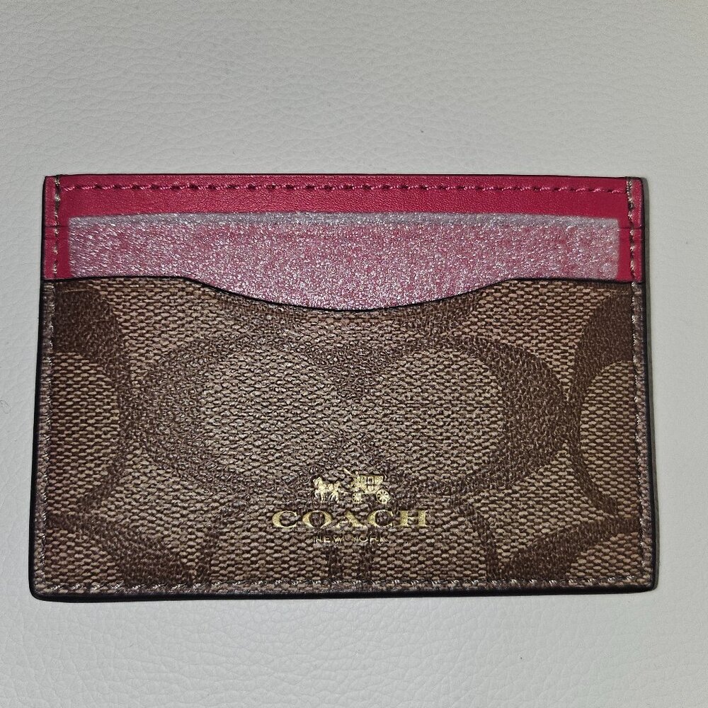 Authentic COACH Khaki Bright Pink Card Case